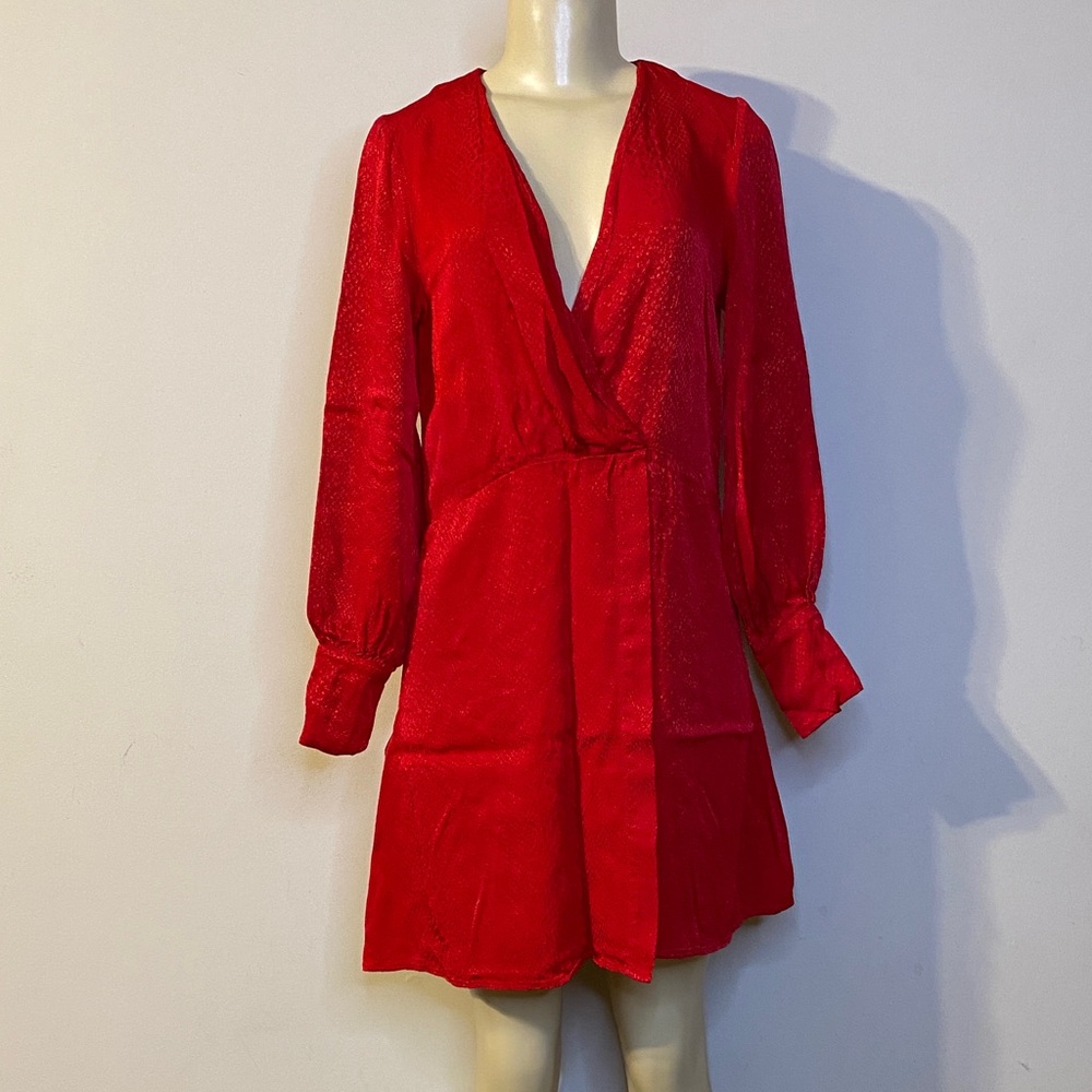 H&M Red Long Sleeve Faux Wrap Dress Size 4